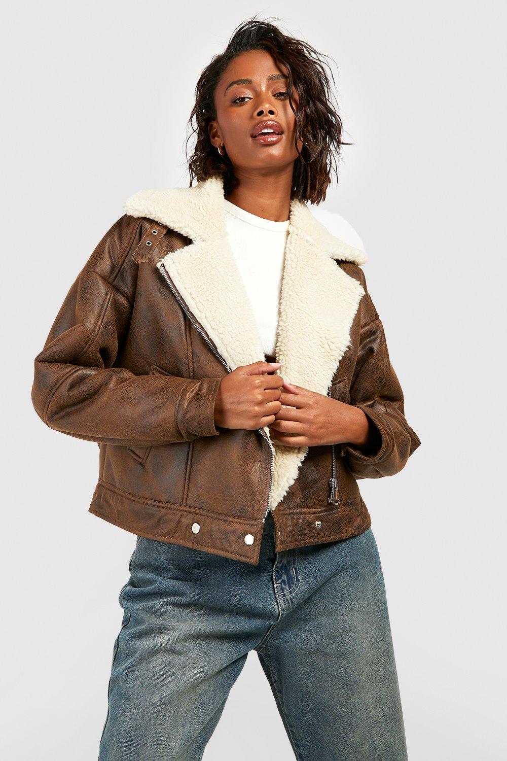 Fliegerjacke Aus Lederimitat Mit Vintage-Waschung - Dark Tan - 42, Dark Tan von boohoo