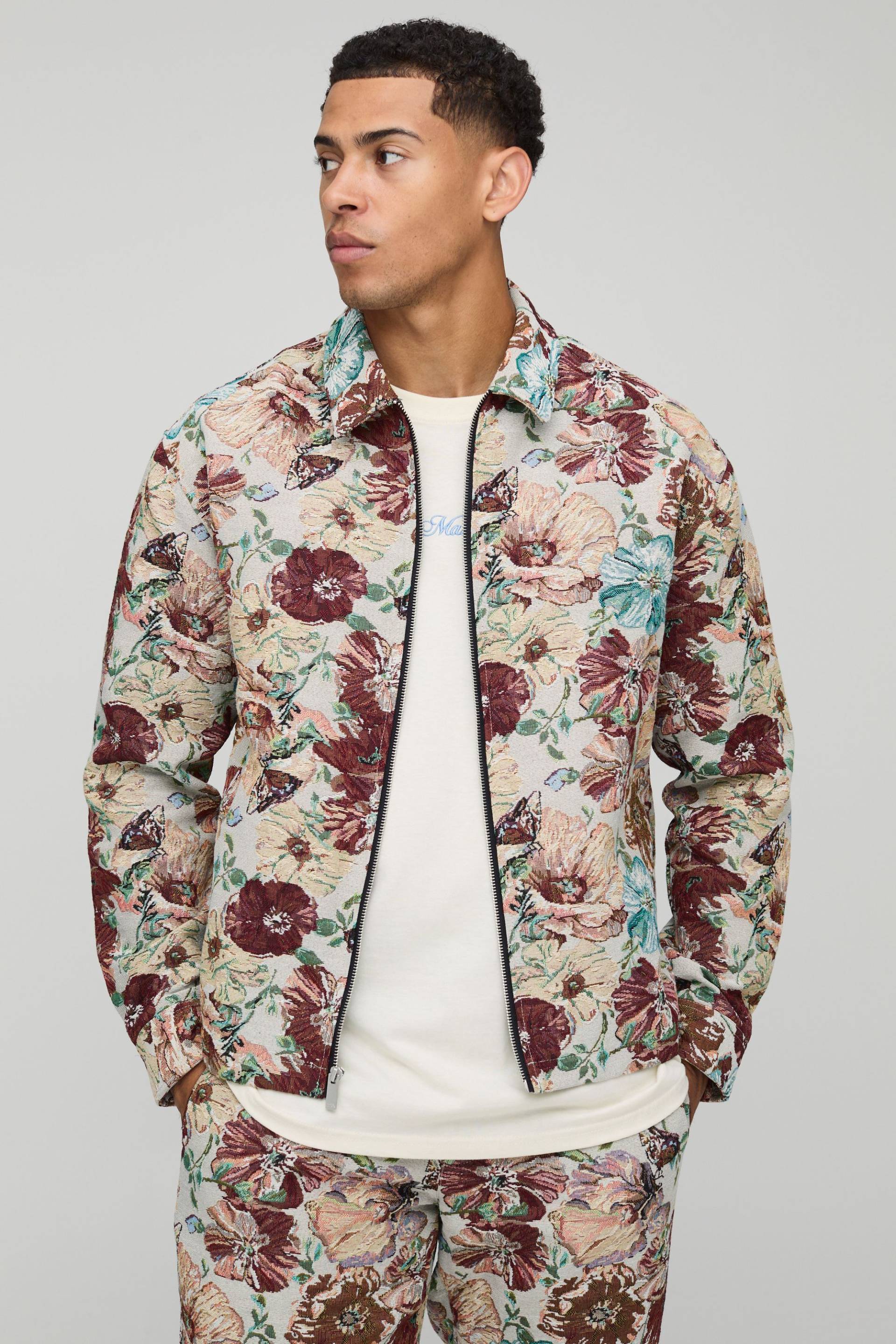 Regular Floral Tapestry Zip Up Overshirt - Multi - M, Multi von boohoo