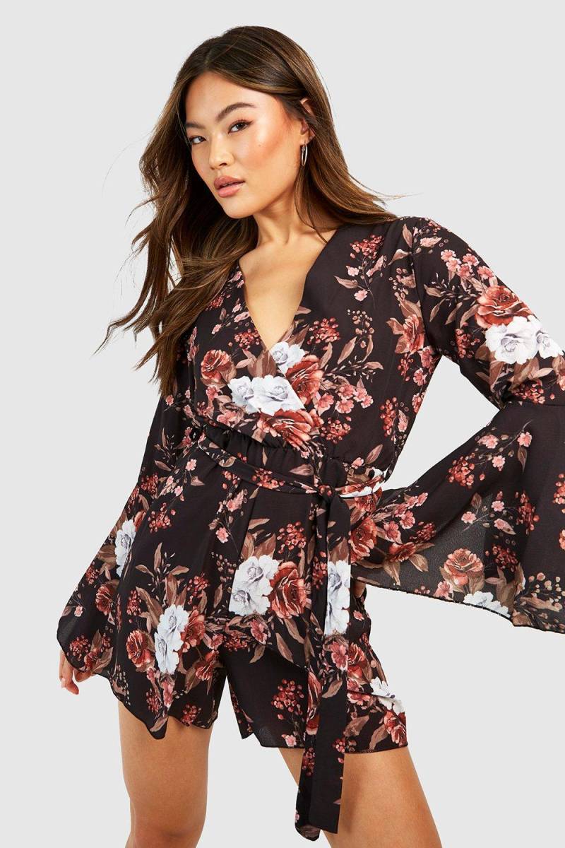 Floraler Playsuit Mit Weiten Ärmeln Und Bindegürtel - Schwarz - 40, Schwarz von boohoo