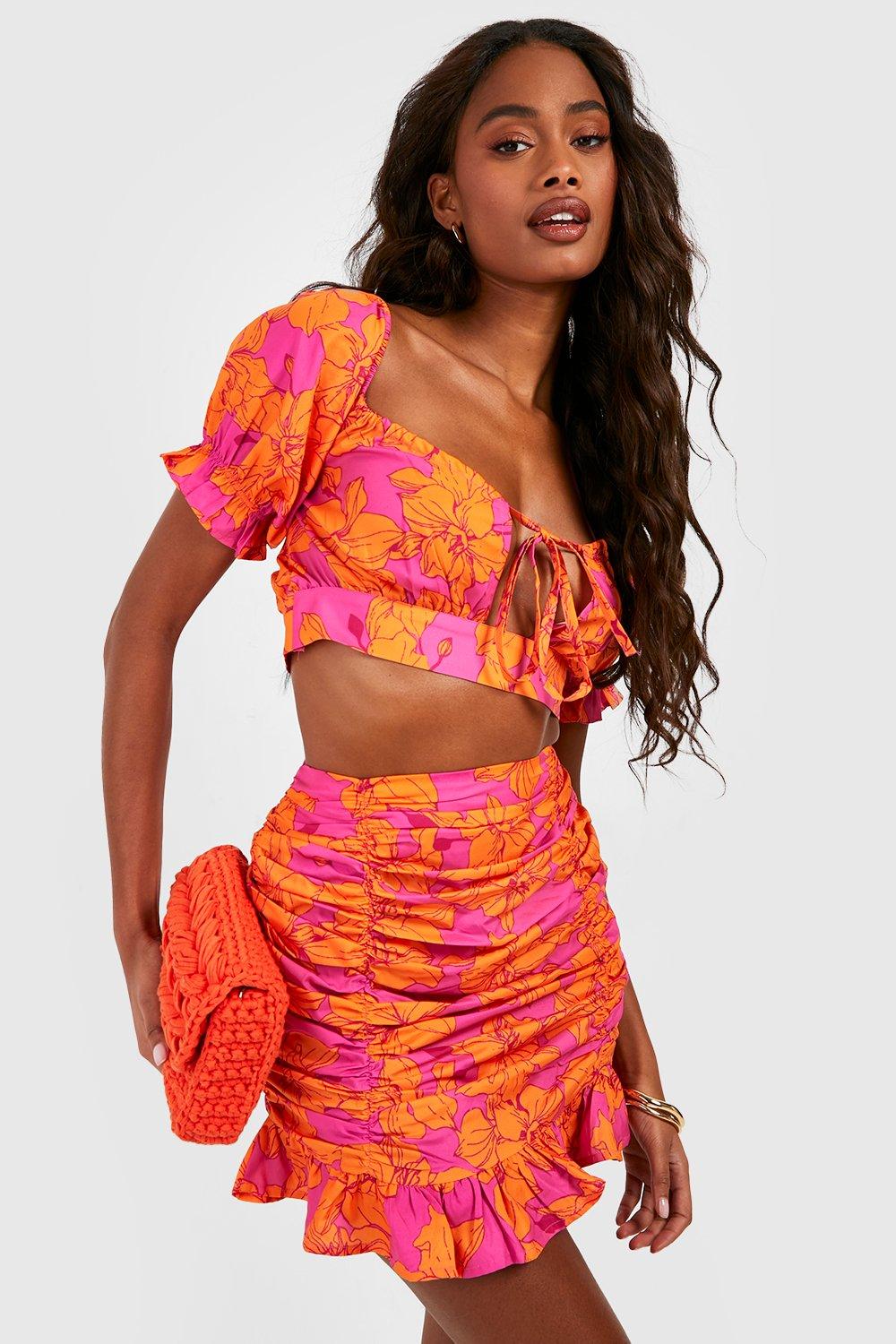 Florales Crop Top Mit Puffärmeln & Geraffter Minirock - Orange - 34, Orange von boohoo