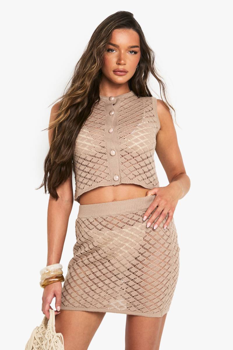 Gehäkeltes Crop Top Mit Knopf-Detail & Minirock - Mocha - S, Mocha von boohoo