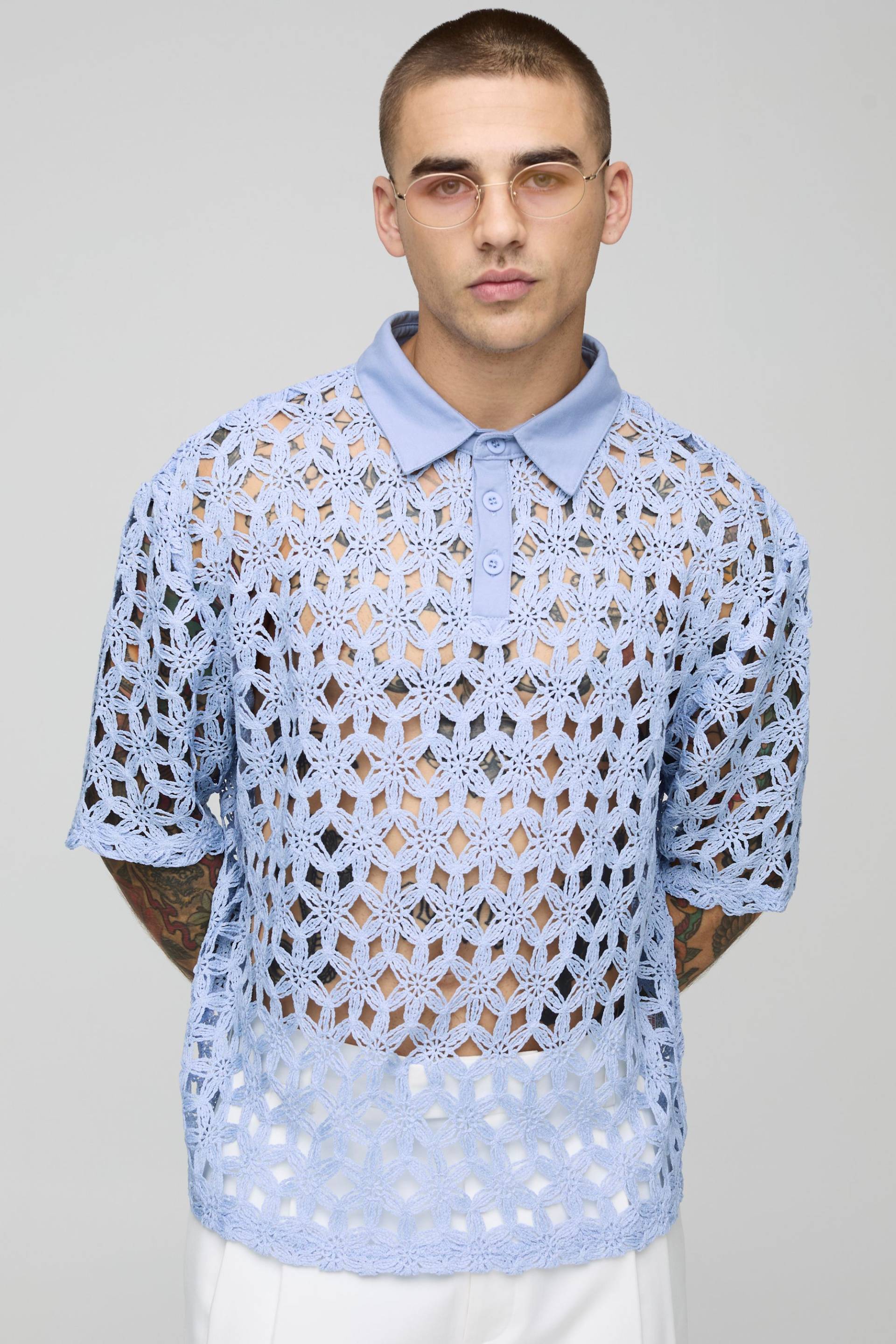 Gehäkeltes Oversize Hemd - Light Blue - M, Light Blue Gehäkeltes Oversize Hemd - Light Blue - M, Light Blue von boohoo