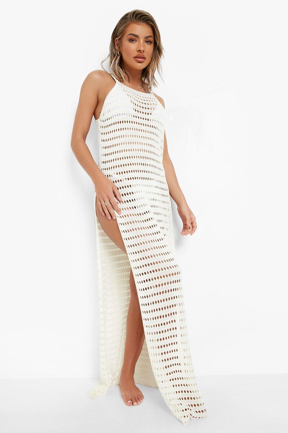 Gehäkeltes Strand-Maxikleid Mit Schlitz - Off White - M, Off White von boohoo