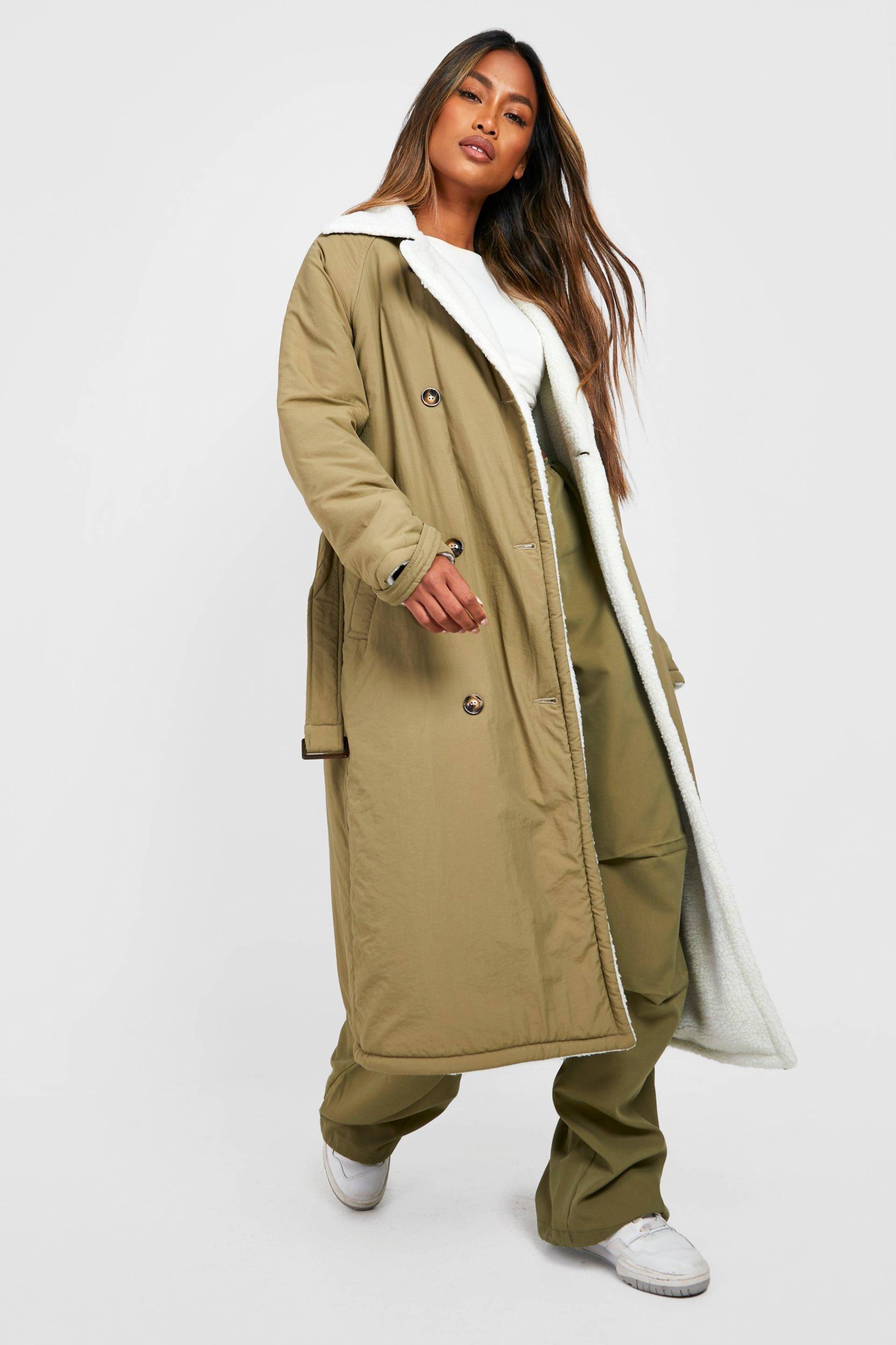 Gepolsterter Trenchcoat Mit Borg-Futter - Khaki - 34, Khaki von boohoo