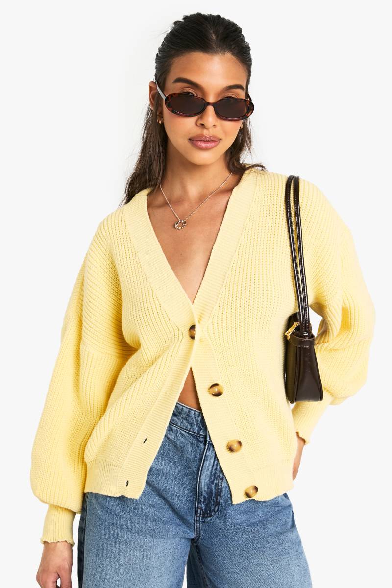 Gerippter Cardigan Mit Knopfleiste Und Ballonärmeln - Lemon - M, Lemon Gerippter Cardigan Mit Knopfleiste Und Ballonärmeln - Lemon - M, Lemon von boohoo