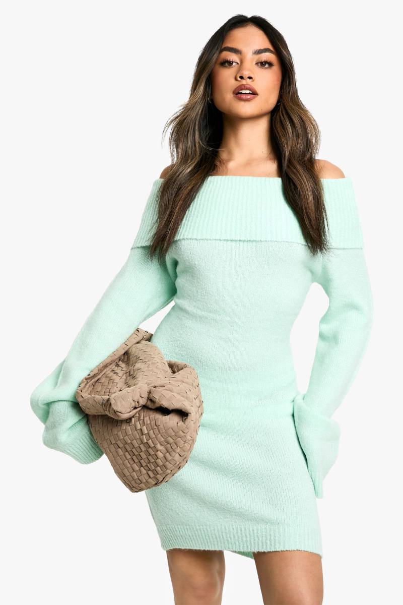 Geripptes Bardot Mini-Pulloverkleid - Mint - L, Mint von boohoo