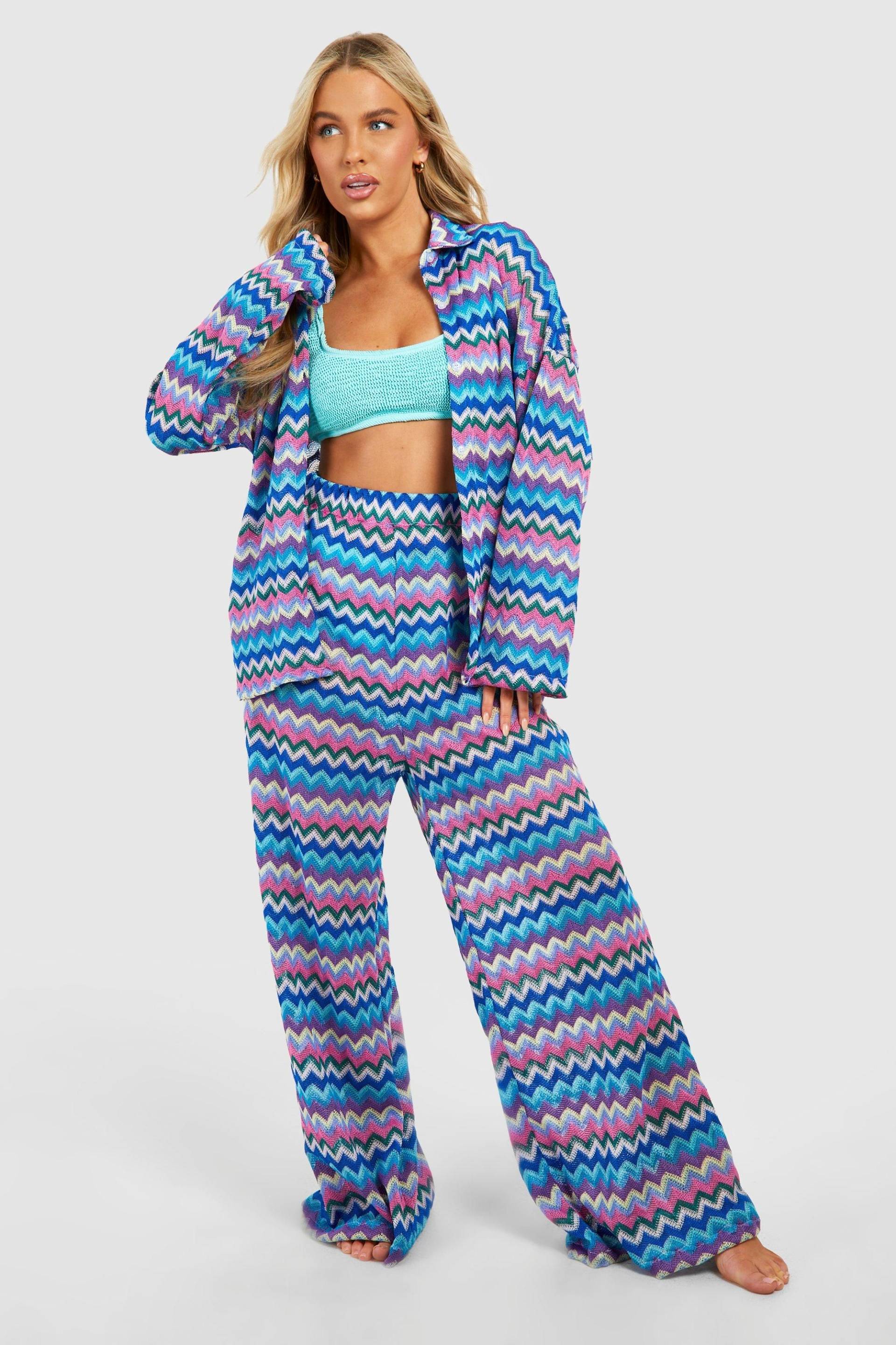Gestrickte Strandhose Mit Weitem Bein Und Zick-Zack Print - Blue - S, Blue Gestrickte Strandhose Mit Weitem Bein Und Zick-Zack Print - Blue - S, Blue von boohoo