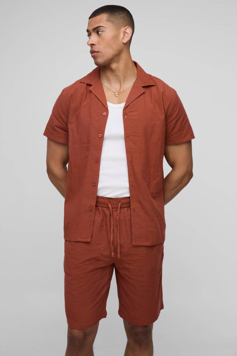 Hemd & Shorts In Leinenoptik - Rust - S, Rust von boohoo