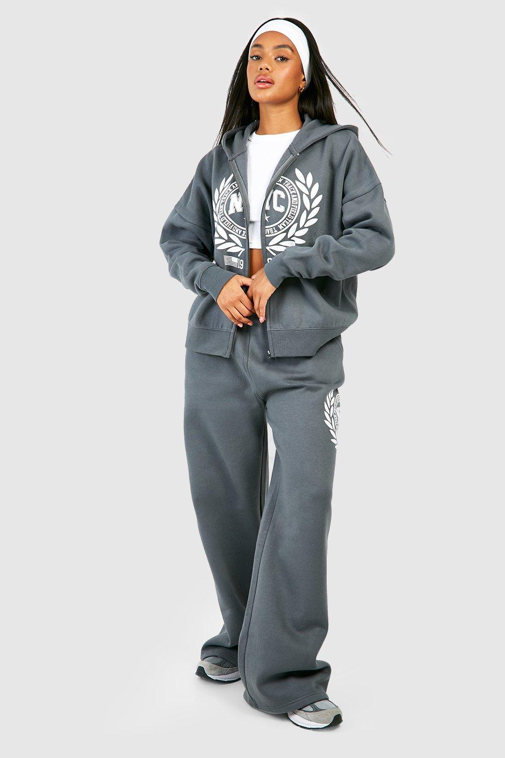 Hoodie Mit Nyc-Print Und Reißverschluss & Jogginghose Mit Weitem Bein - Charcoal - S, Charcoal von boohoo