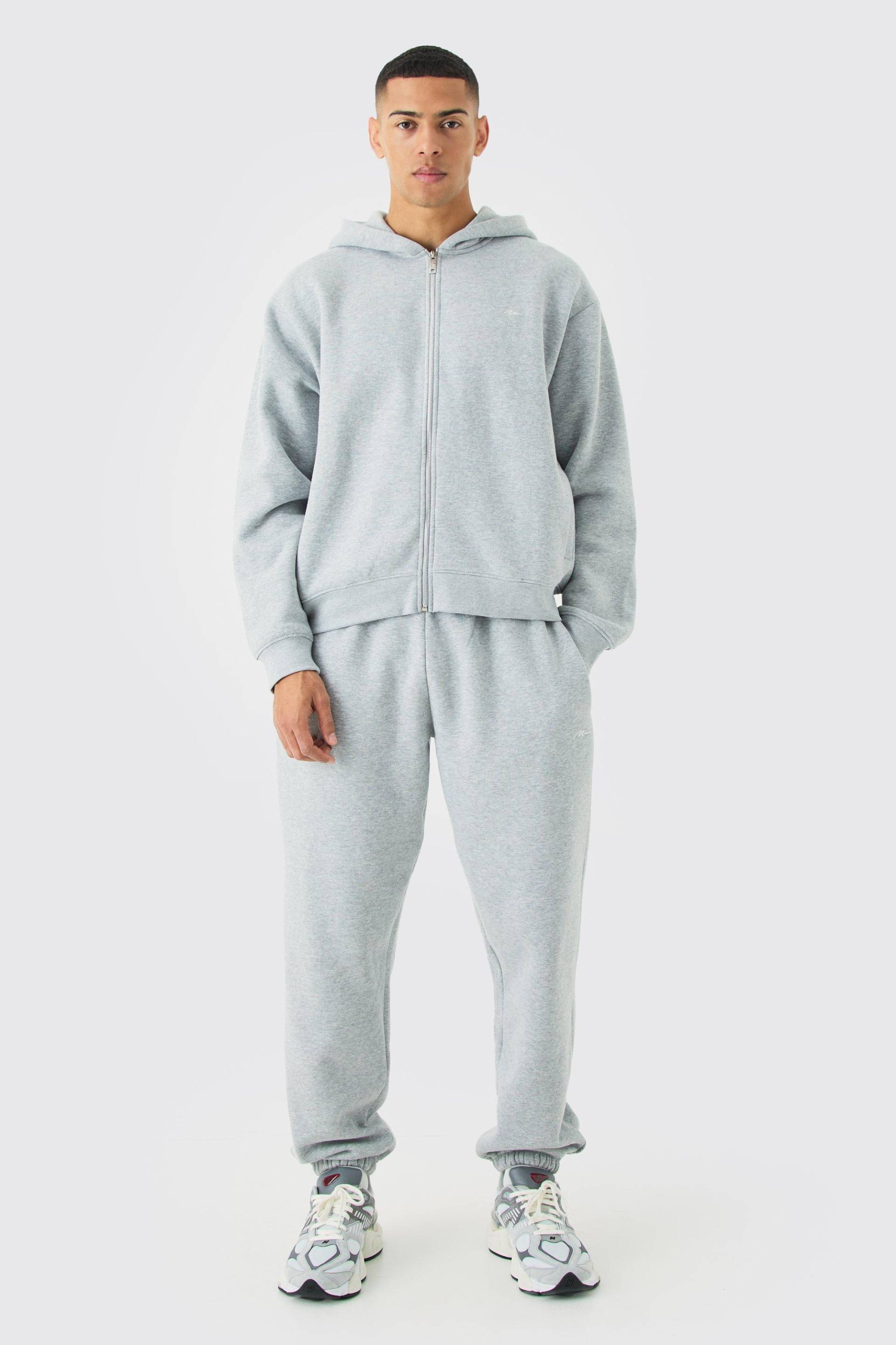 Kastiger Man Signature Trainingsanzug Mit Reißverschluss Und Kapuze - Grey Marl - L, Grey Marl von boohoo