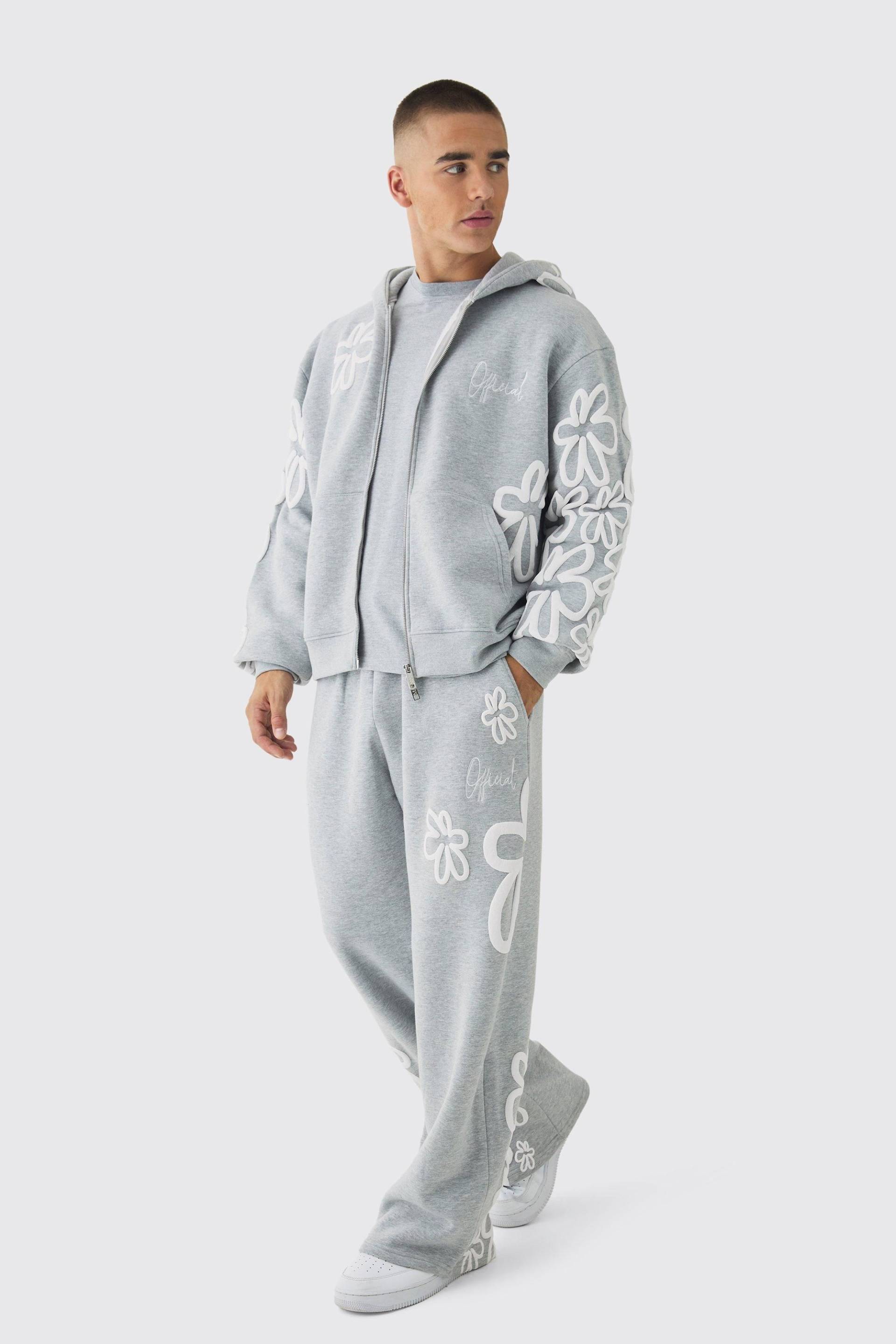 Kastiger Oversize Trainingsanzug Mit Floralem Print Und Reißverschluss - Grey Marl - Xs, Grey Marl Kastiger Oversize Trainingsanzug Mit Floralem Print Und Reißverschluss - Grey Marl - Xs, Grey Marl von boohoo