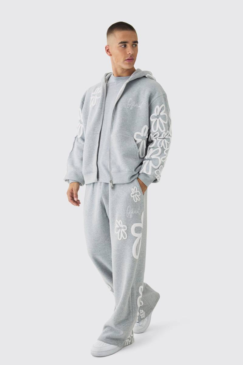 Kastiger Oversize Trainingsanzug Mit Floralem Print Und Reißverschluss - Grey Marl - Xs, Grey Marl Kastiger Oversize Trainingsanzug Mit Floralem Print Und Reißverschluss - Grey Marl - Xs, Grey Marl von boohoo