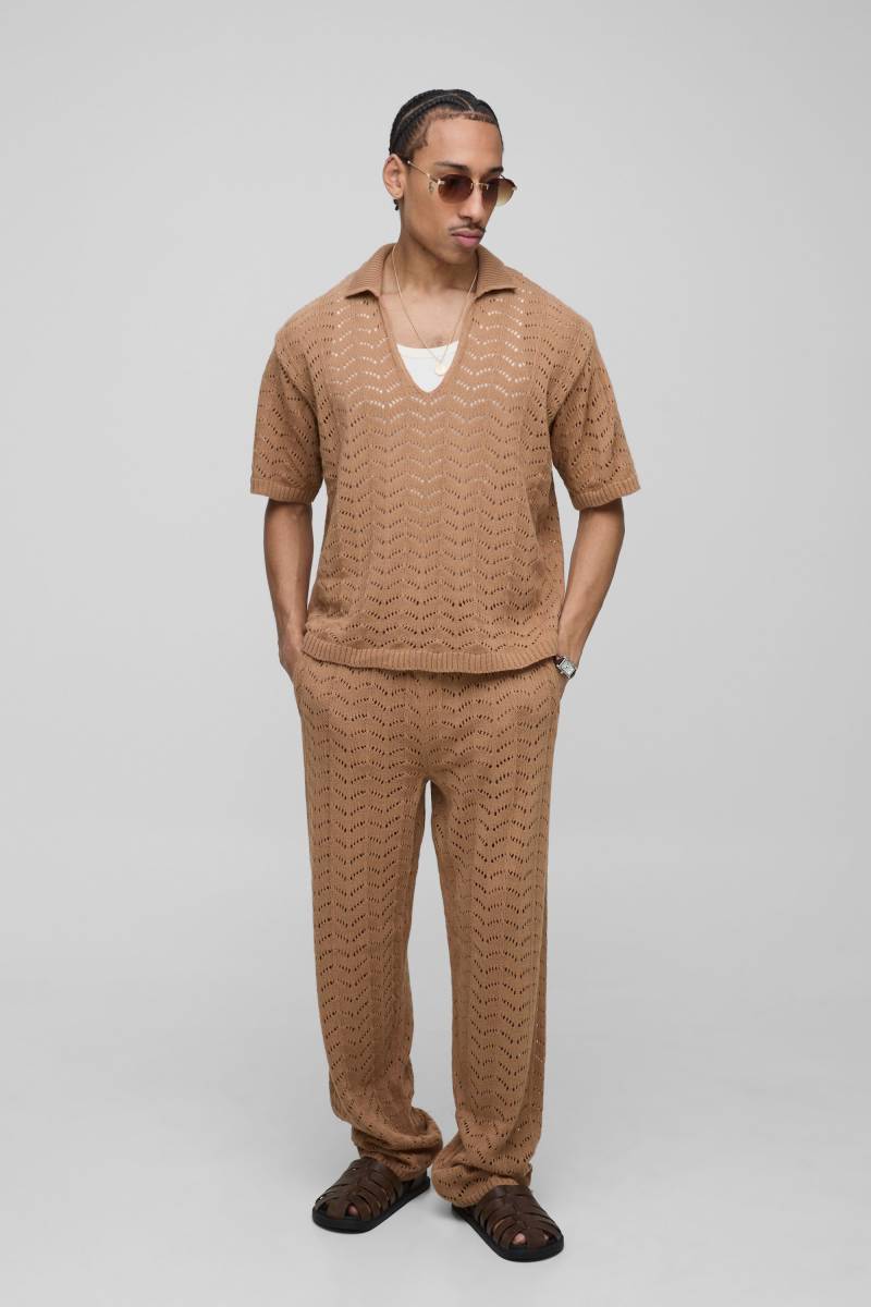 Kastiger Strukturierter V-Ausschnitt Strick-Hose Und Poloshirt - Taupe - M, Taupe von boohoo