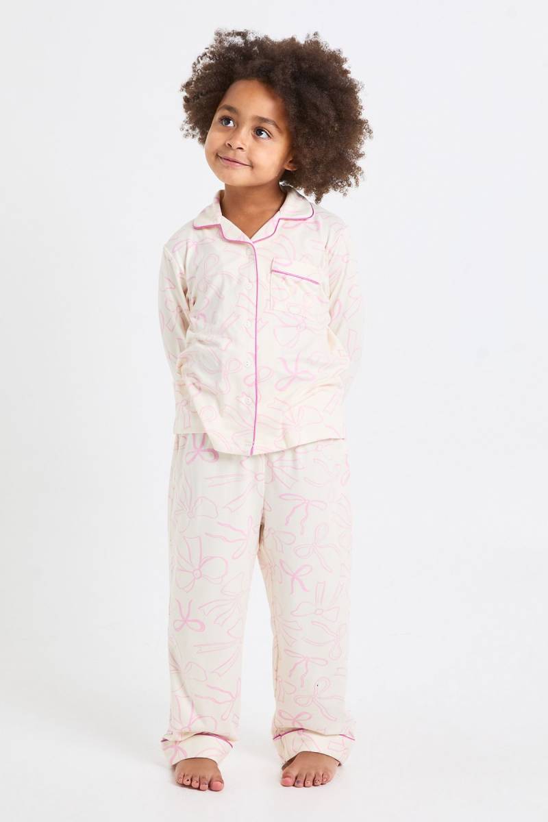 Womens Kids Matching Family Bow Print Super Soft Long Sleeve Shirt & Trousers Pyjama Set - Light Pink - 3-4 Yrs, Light Pink von boohoo