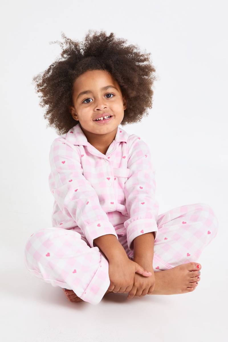 Womens Kids Matching Family Check & Heart Print Baby Fleece Long Sleeve Shirt & Trousers Pyjama Set - Light Pink - 9-10 Yrs, Light Pink von boohoo