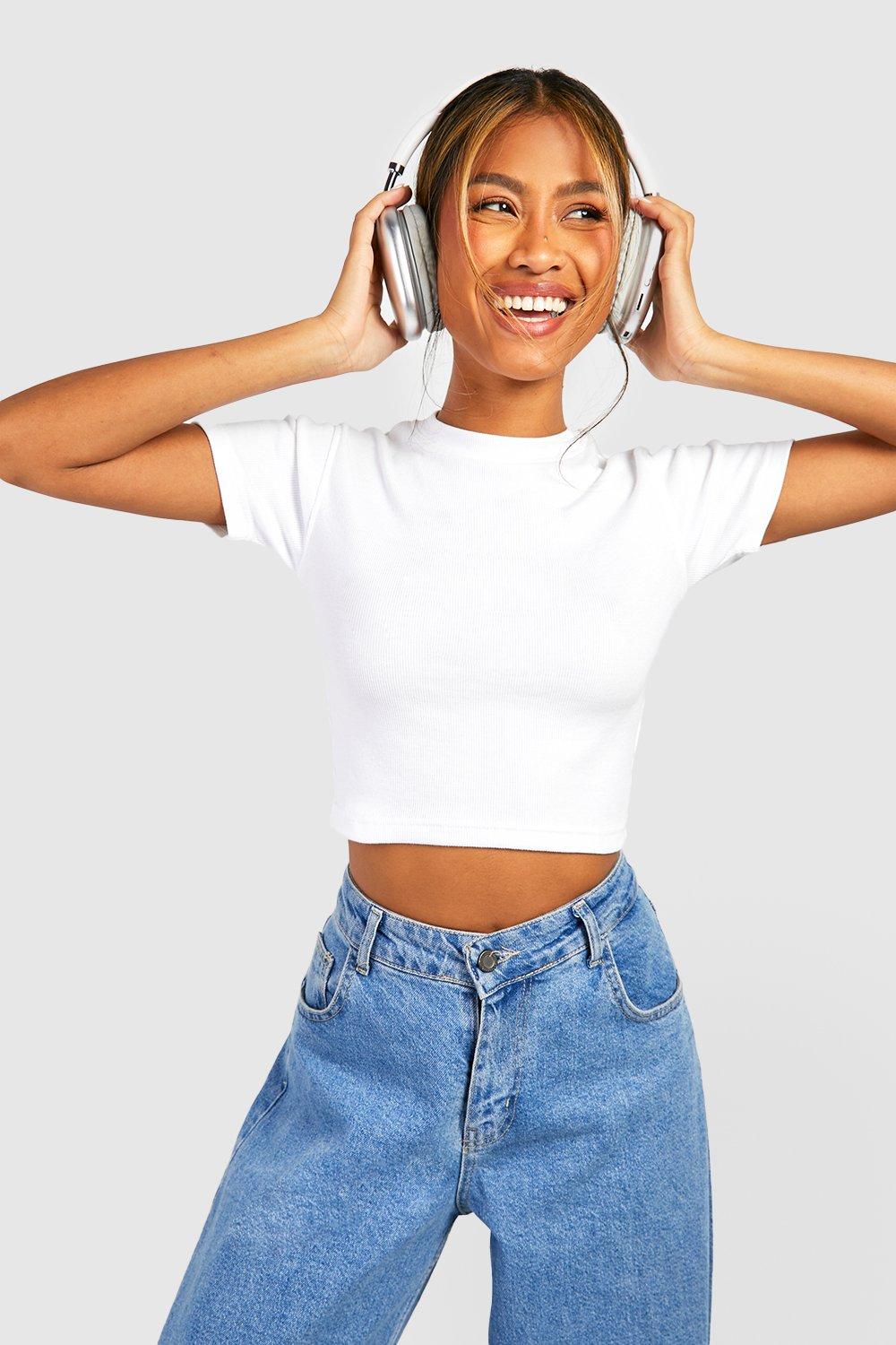 Kurzärmliges Geripptes Basic Rundhals Crop Top - White - 38, White von boohoo