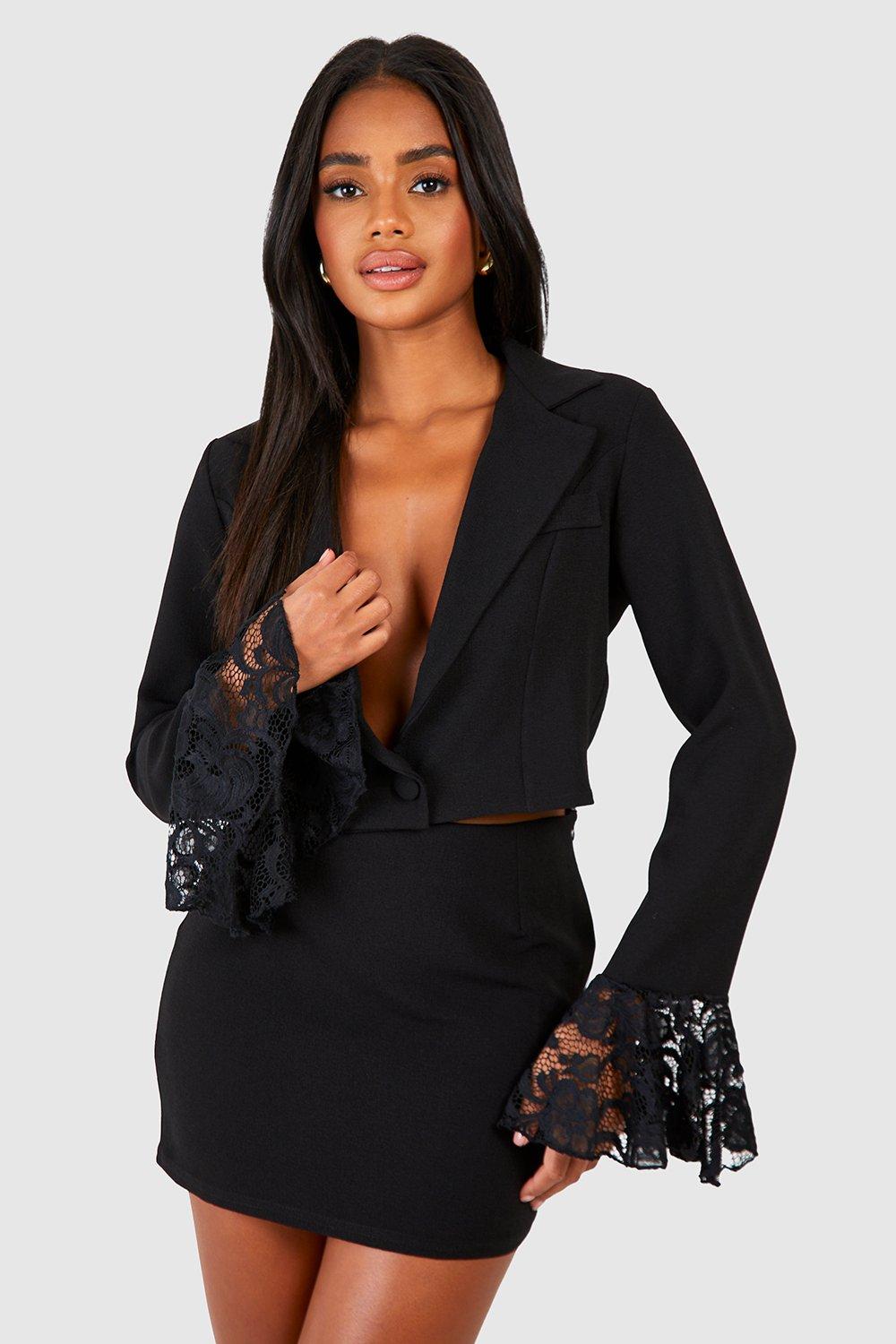 Kurzer Blazer Mit Spitzen-Ärmeln & Micro-Minirock - Black - 34, Black von boohoo