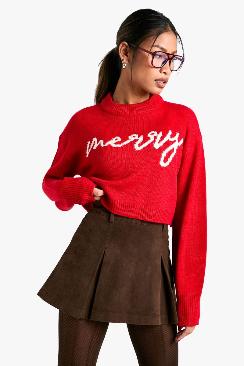 Kurzer Weihnachtspullover Mit Merry Slogan - Red - M, Red von boohoo