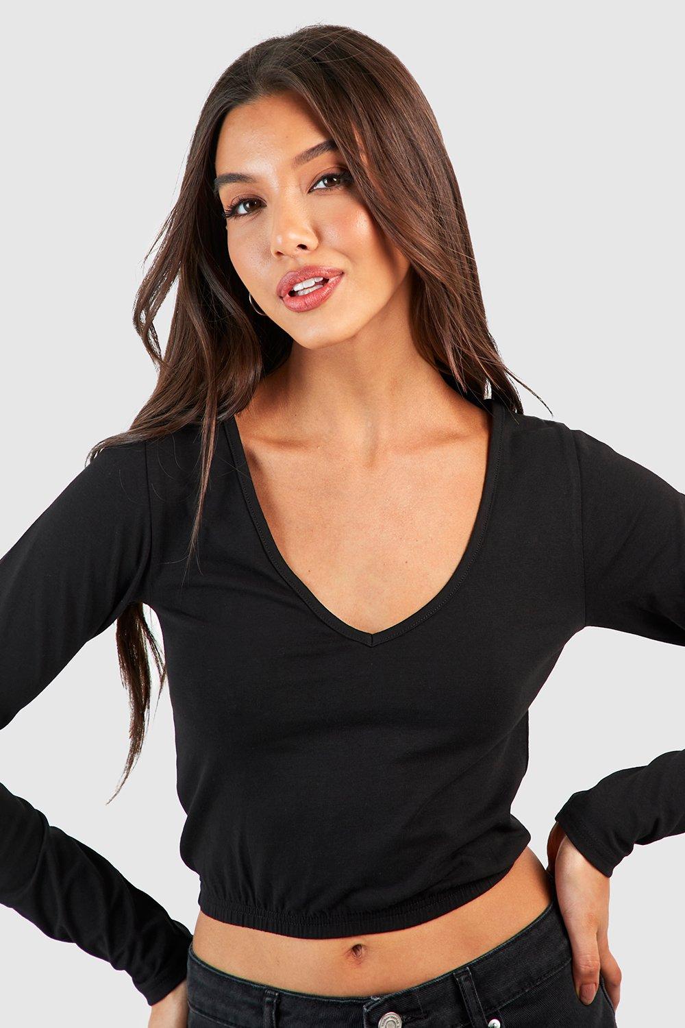 Langärmliges Basic Jersey Crop Top Mit V-Ausschnitt - Black - 36, Black von boohoo