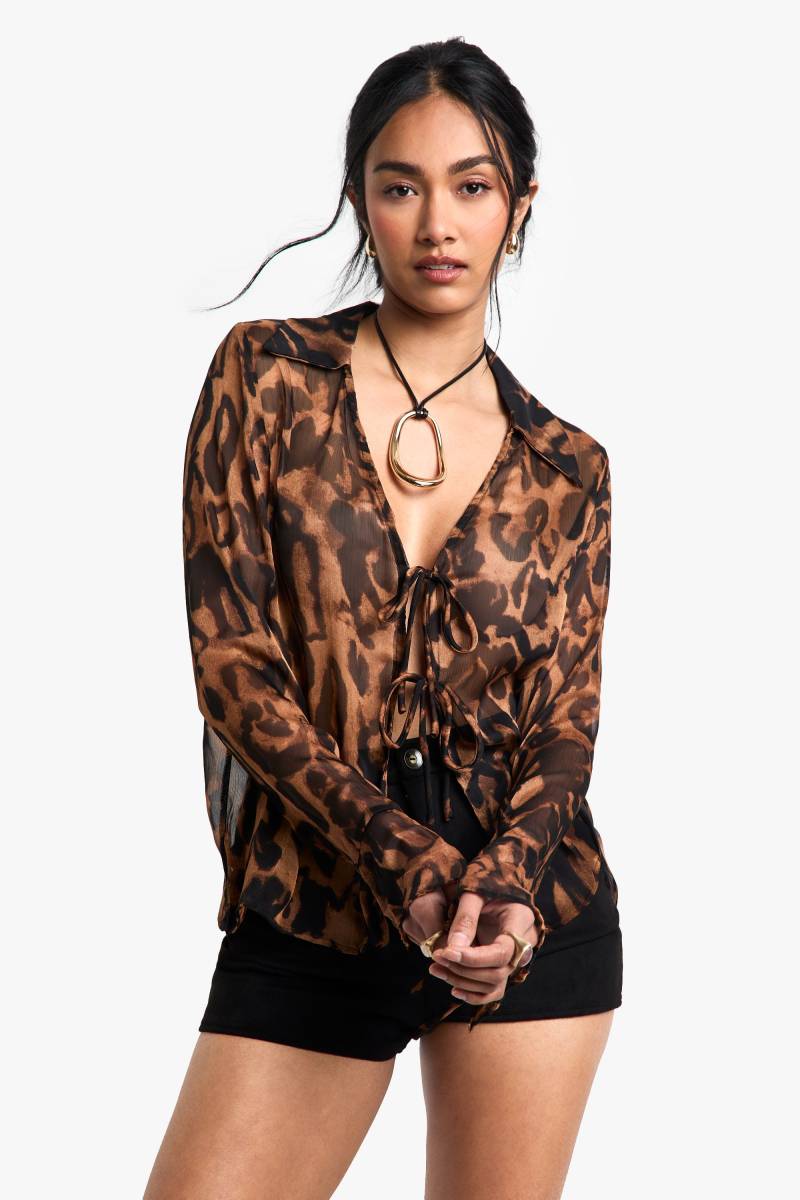 Langärmliges Gemustertes Oberteil Mit Kragen Und Schnür-Detail - Black - Xs, Black von boohoo