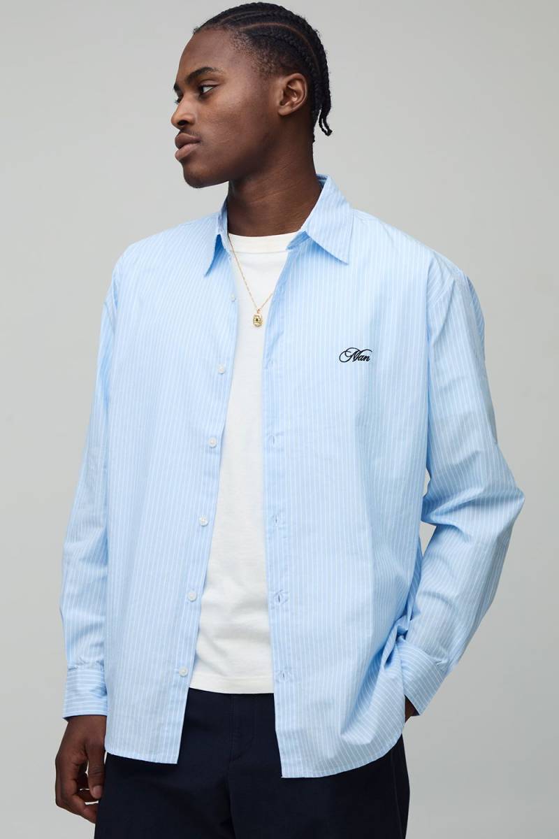 Langärmliges Gestreiftes Super Oversize Hemd Mit Man-Stickerei - Light Blue - M, Light Blue von boohoo