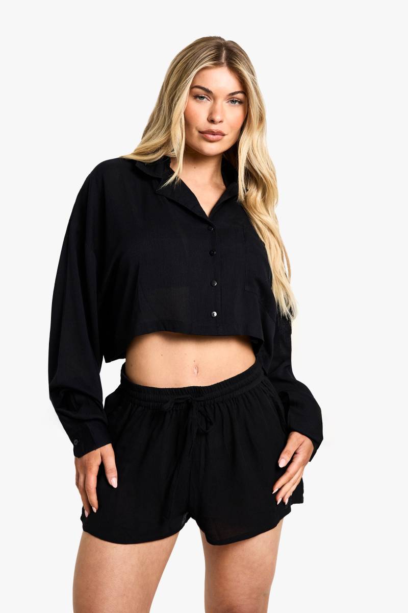 Langärmliges Kurzes Strandwear Essentials Hemd - Black - L, Black von boohoo