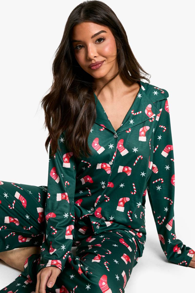 Langärmliges Pyjama-Set Mit Weihnachts-Print - Green - 36, Green Langärmliges Pyjama-Set Mit Weihnachts-Print - Green - 36, Green von boohoo