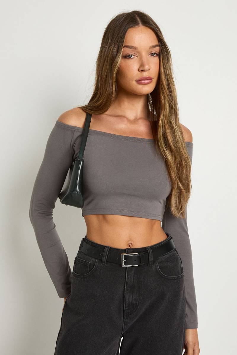 Langärmliges Schulterfreies Basic Crop Top - Charcoal - 36, Charcoal von boohoo