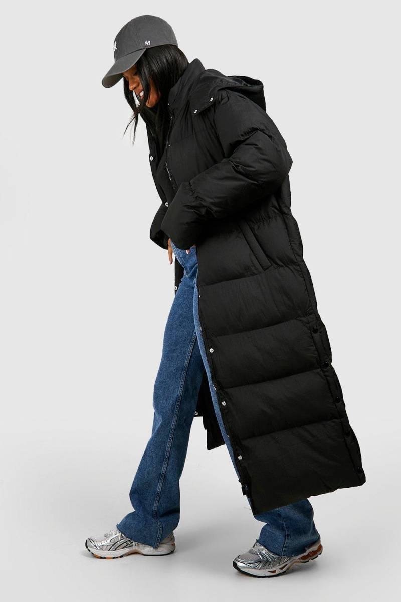 Lange Steppjacke Mit Kapuze - Black - 40, Black von boohoo