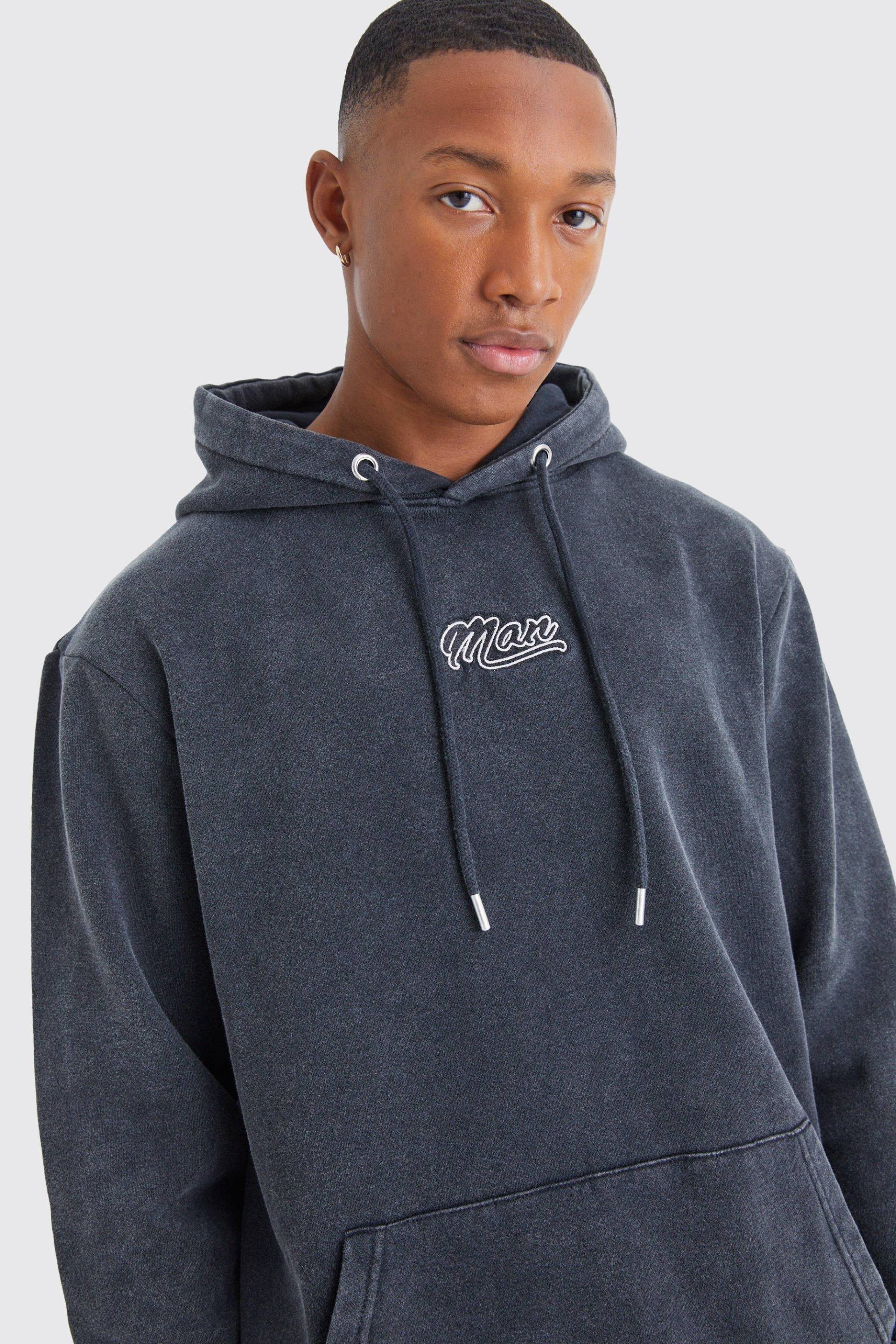 Man Hoodie Mit Acid-Waschung - Charcoal - M, Charcoal von boohoo