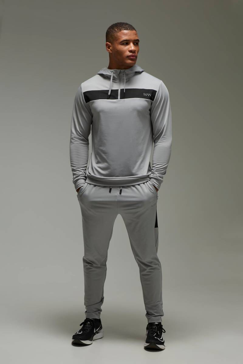 Man Active Slim Fit Colour Block Hooded Tracksuit - Light Grey - M, Light Grey von boohoo