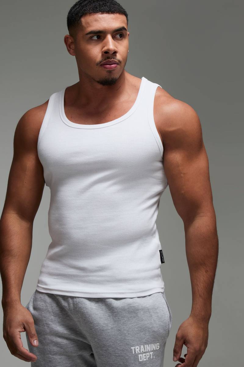 Man Active Geripptes Muscle-Fit Gym Vesttop - White - M, White von boohoo