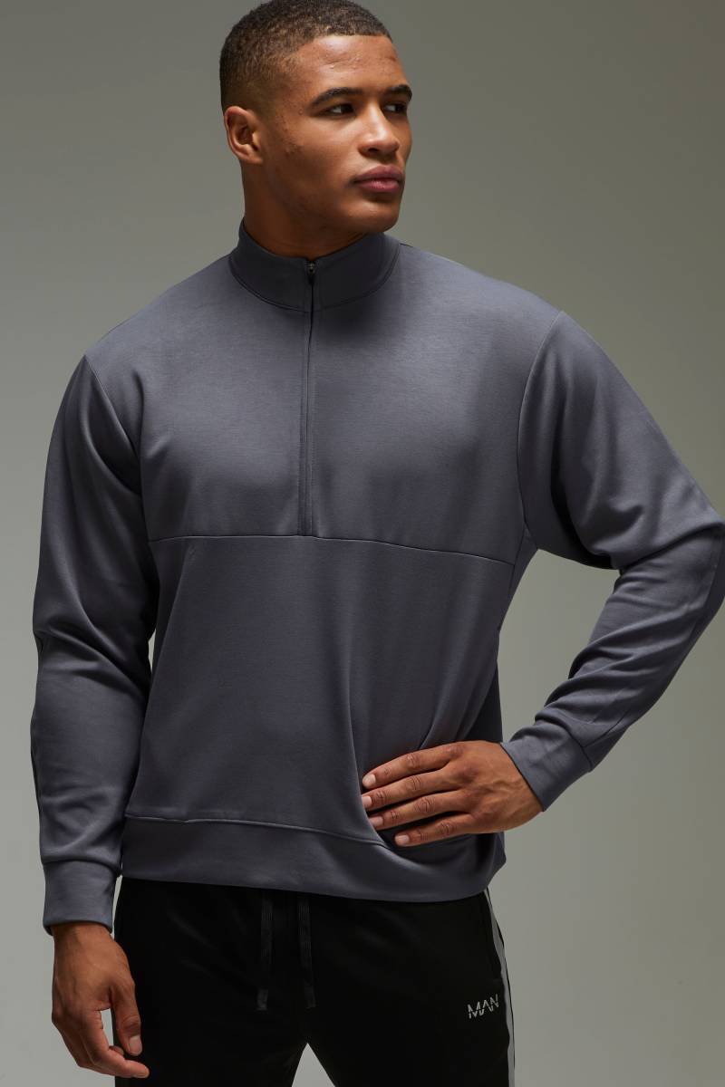 Man Active Interlock Oversized Boxy Luxe 1/4 Zip - Charcoal - L, Charcoal von boohoo