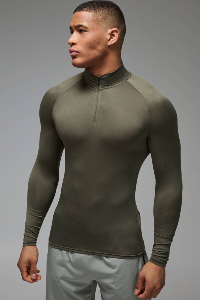 Man Active Lightweight Essentials Raglan Muscle-Fit 1/4 Reißverschluss - Khaki - S, Khaki von boohoo