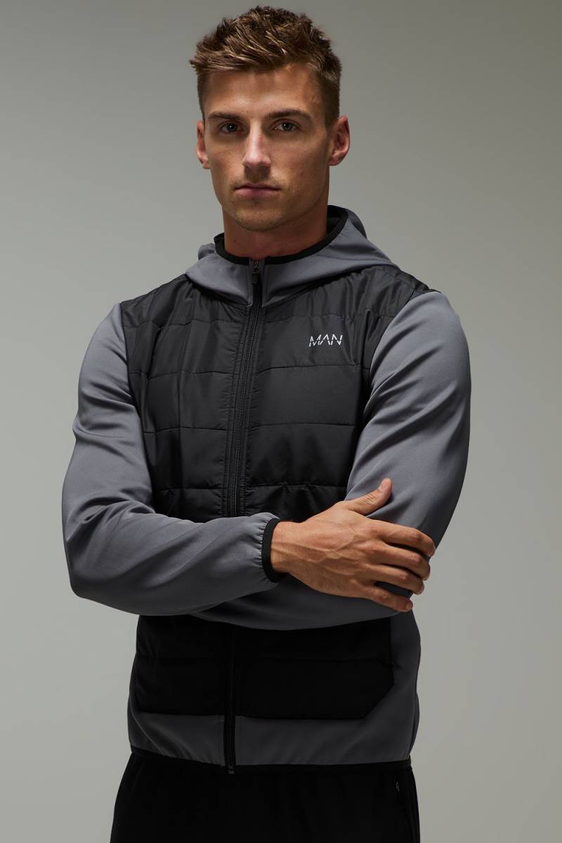 Man Active Lightweight Quilted Zip Through Regular Fit Hoodie - Charcoal - M, Charcoal von boohoo