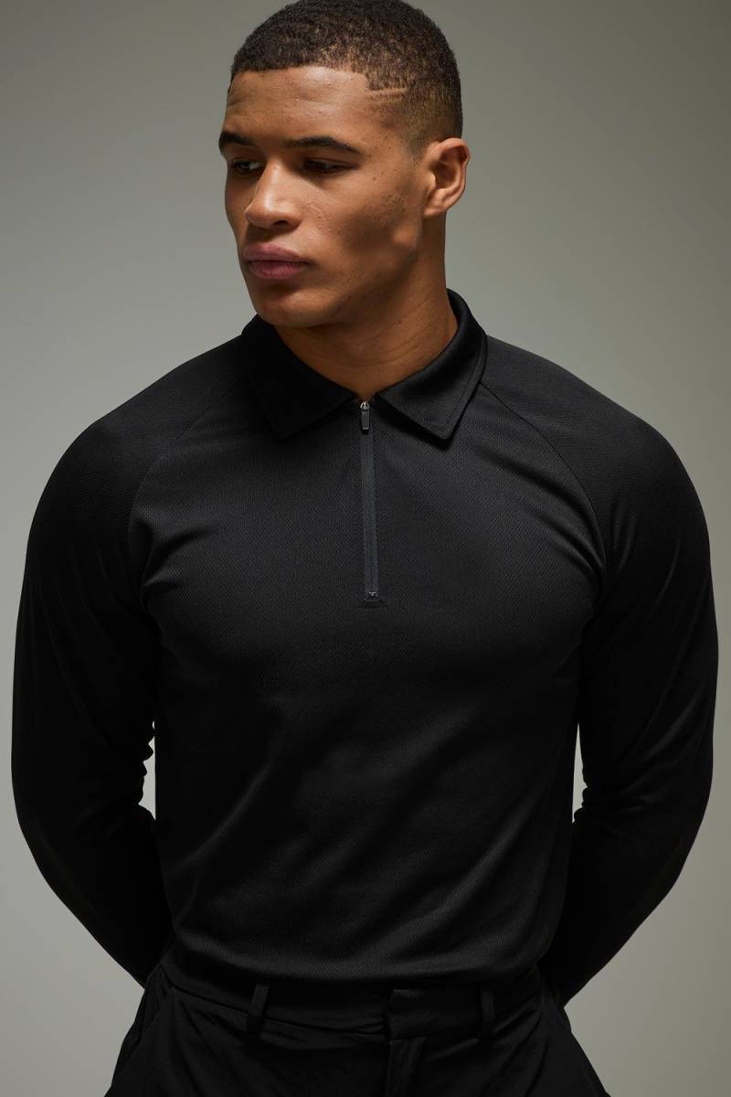 Man Active Long Sleeve Regular Fit Golf Polo - Black - L, Black von boohoo