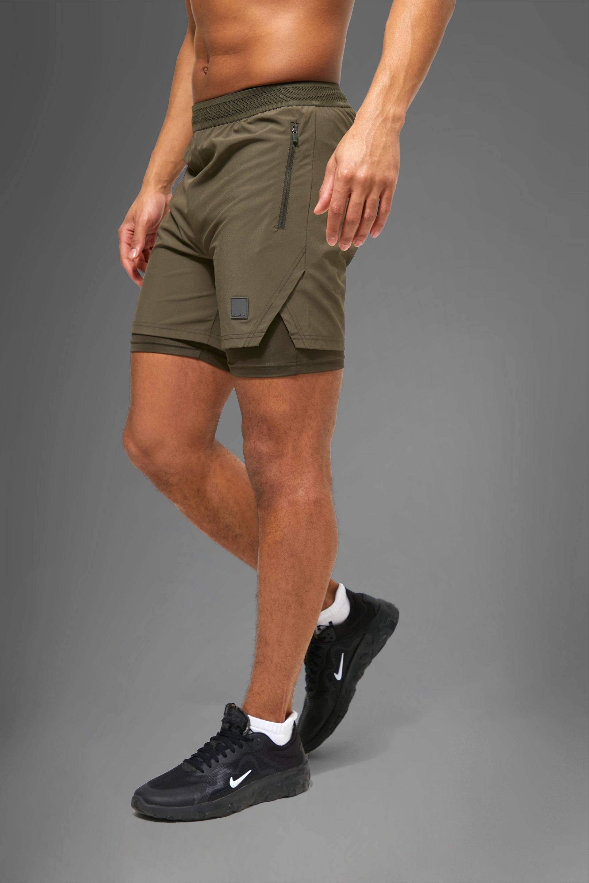 Man Active Performance 2-In-1 Shorts - Khaki - L, Khaki von boohoo
