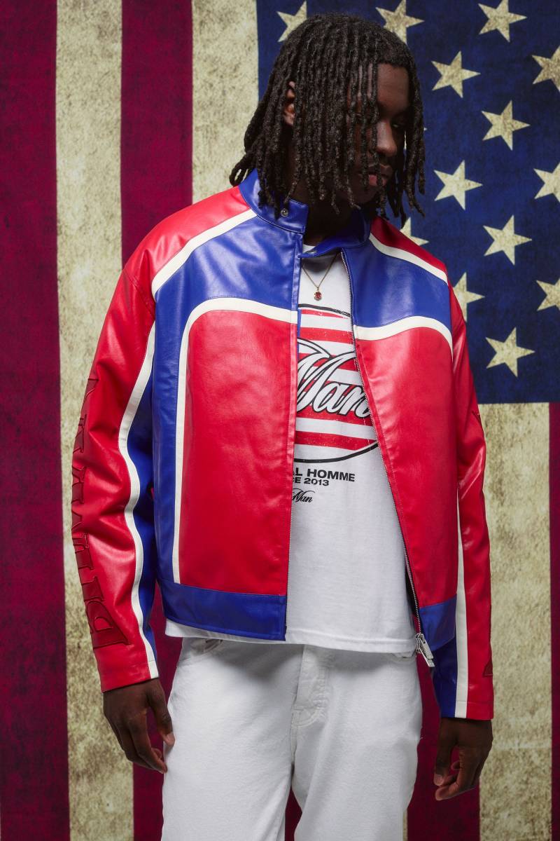 Man Boxy Fit Colour Block Moto Biker Jacket - Red - L, Red Man Boxy Fit Colour Block Moto Biker Jacket - Red - L, Red von boohoo