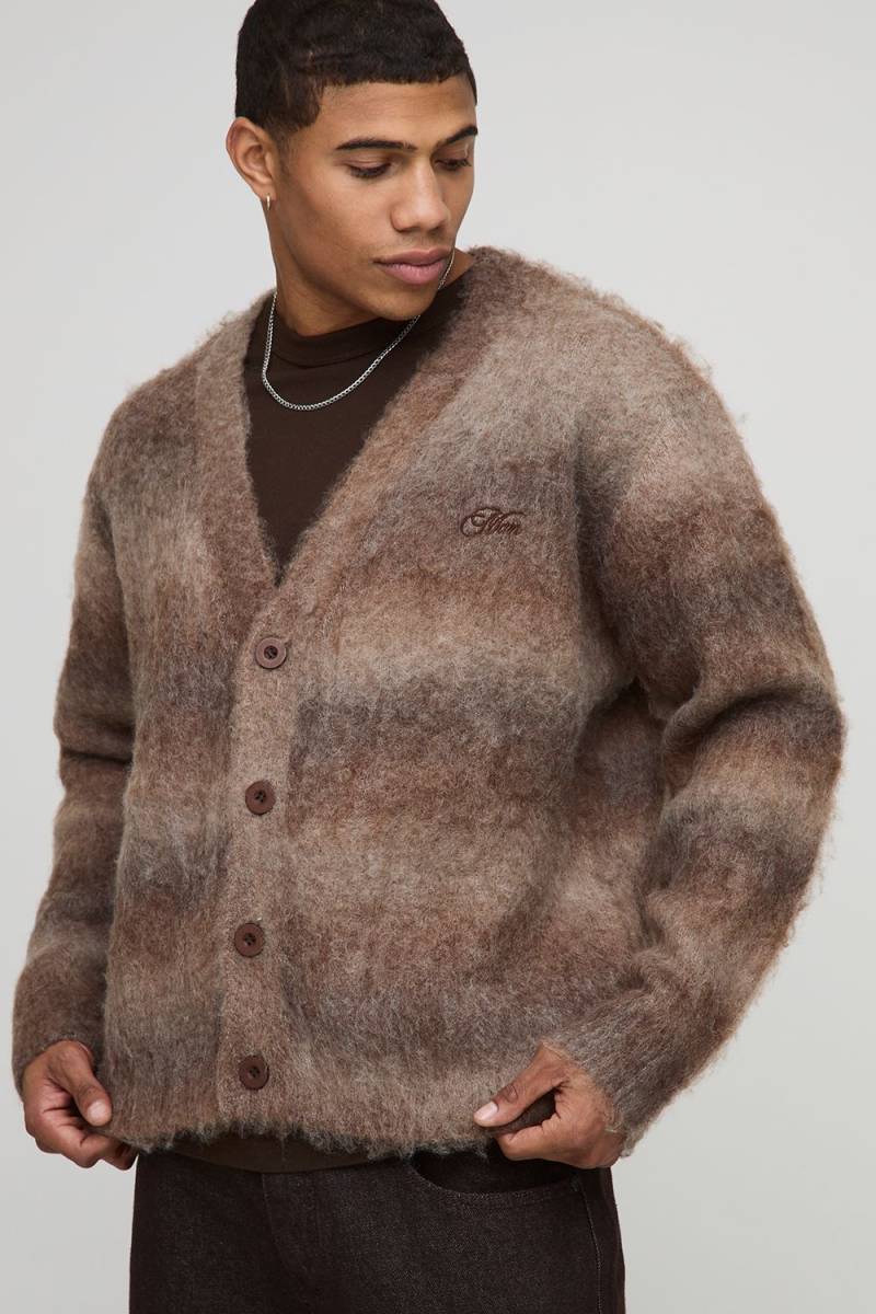 Man Boxy Fit Ombre Brushed Stripe Knitted Cardigan - Brown - M, Brown von boohoo