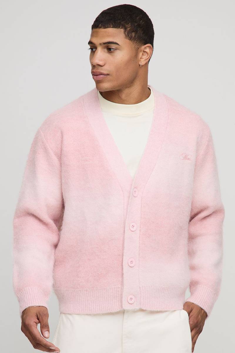 Man Boxy Fit Ombre Brushed Stripe Knitted Cardigan - Pink - M, Pink von boohoo