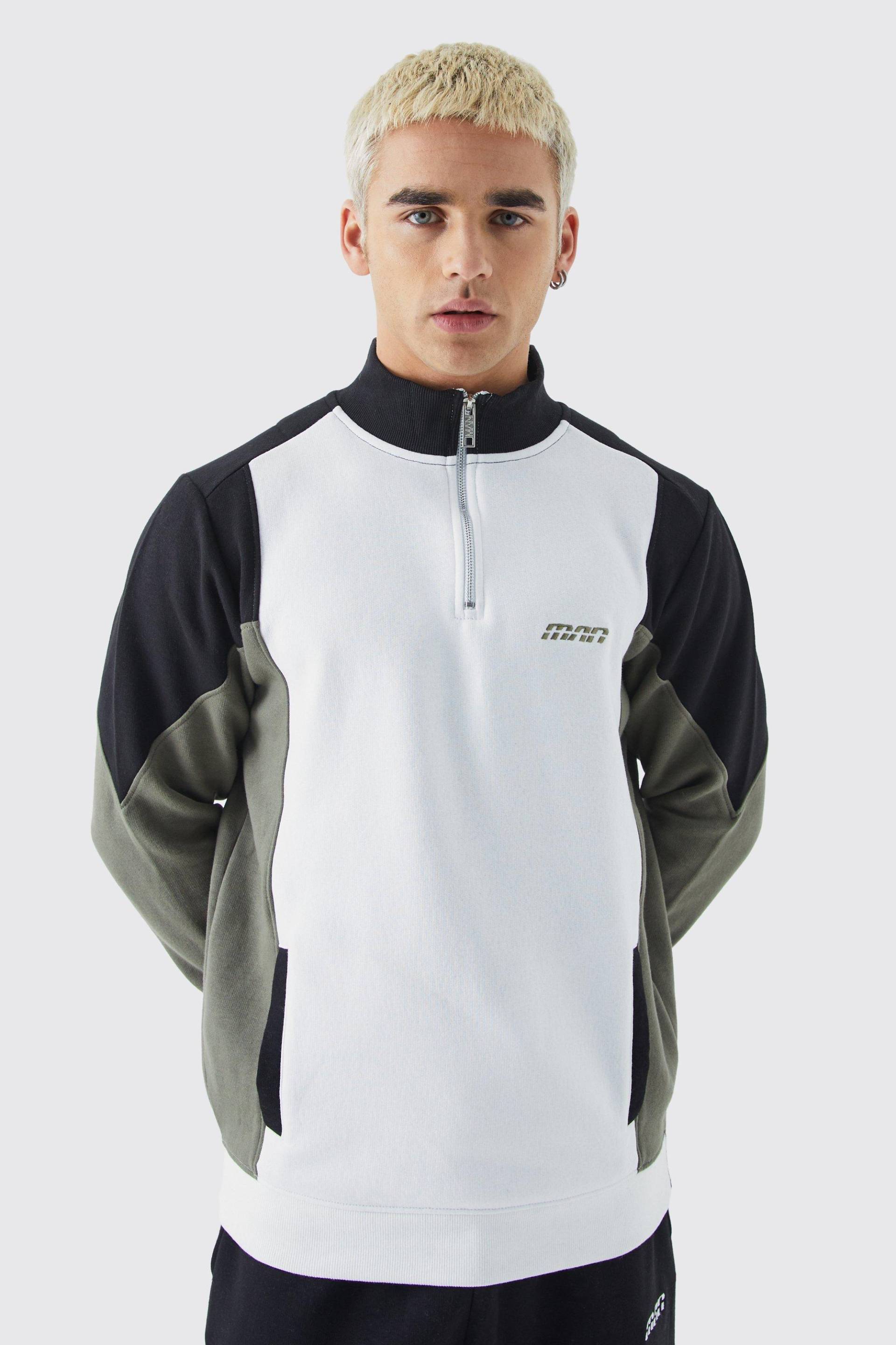 Man Colorblock Sweatshirt Mit 1/4 Reißverschluss Und Trichterkragen - Khaki - L, Khaki von boohoo