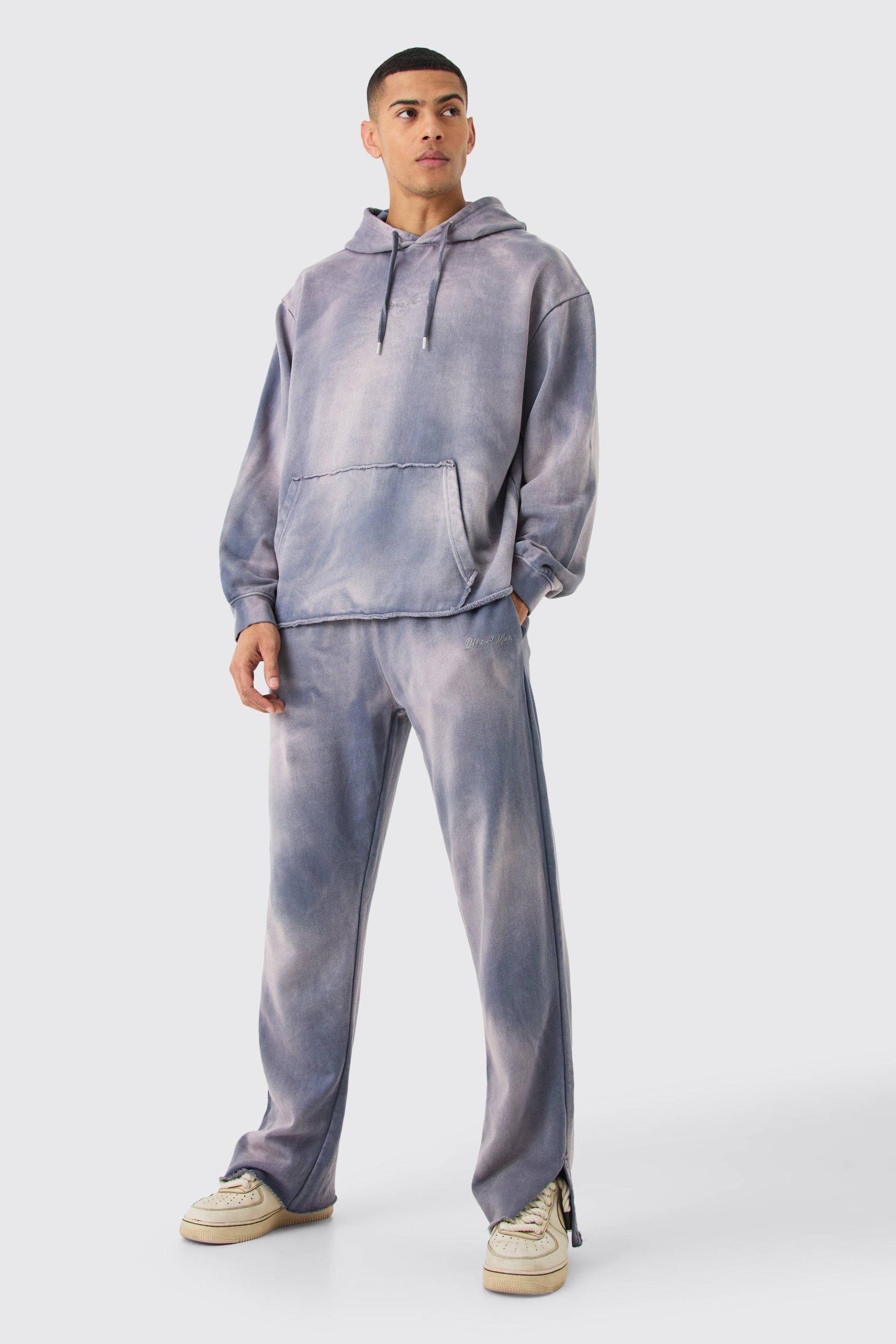 Man Embroidery Oversized Sun Bleached Wash Hooded Tracksuit - Purple - M, Purple von boohoo