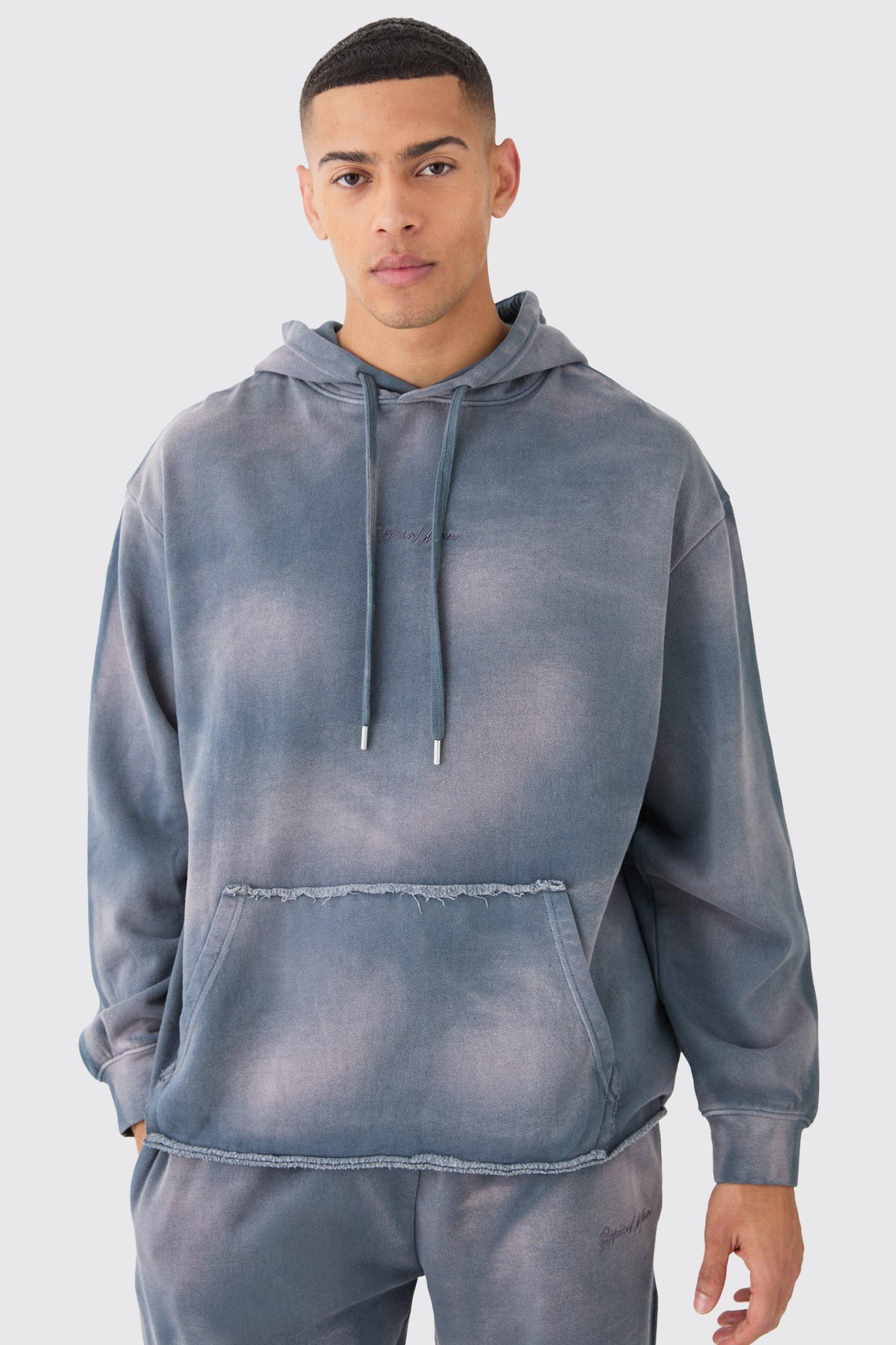 Man Embroidery Oversized Sun Bleached Wash Hoodie - Charcoal - M, Charcoal von boohoo