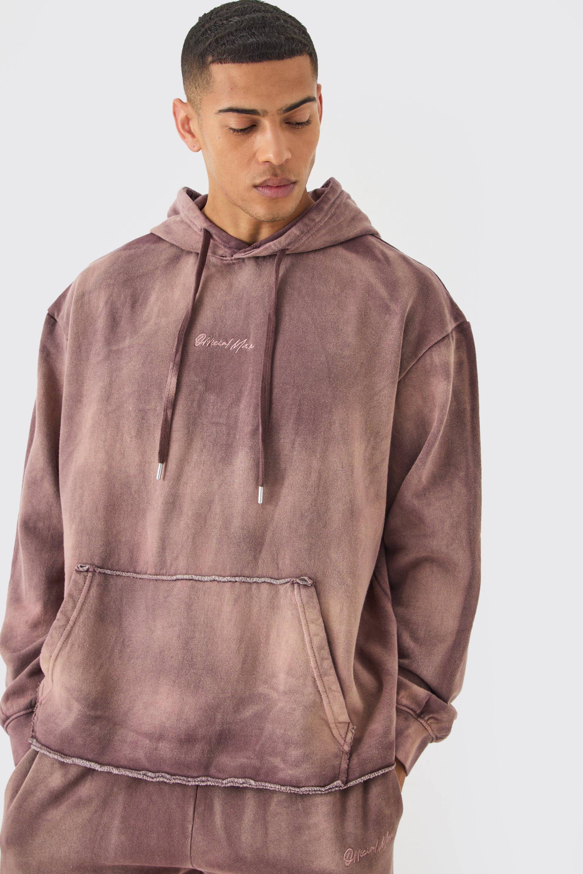 Man Embroidery Oversized Sun Bleached Wash Hoodie - Chocolate - S, Chocolate von boohoo