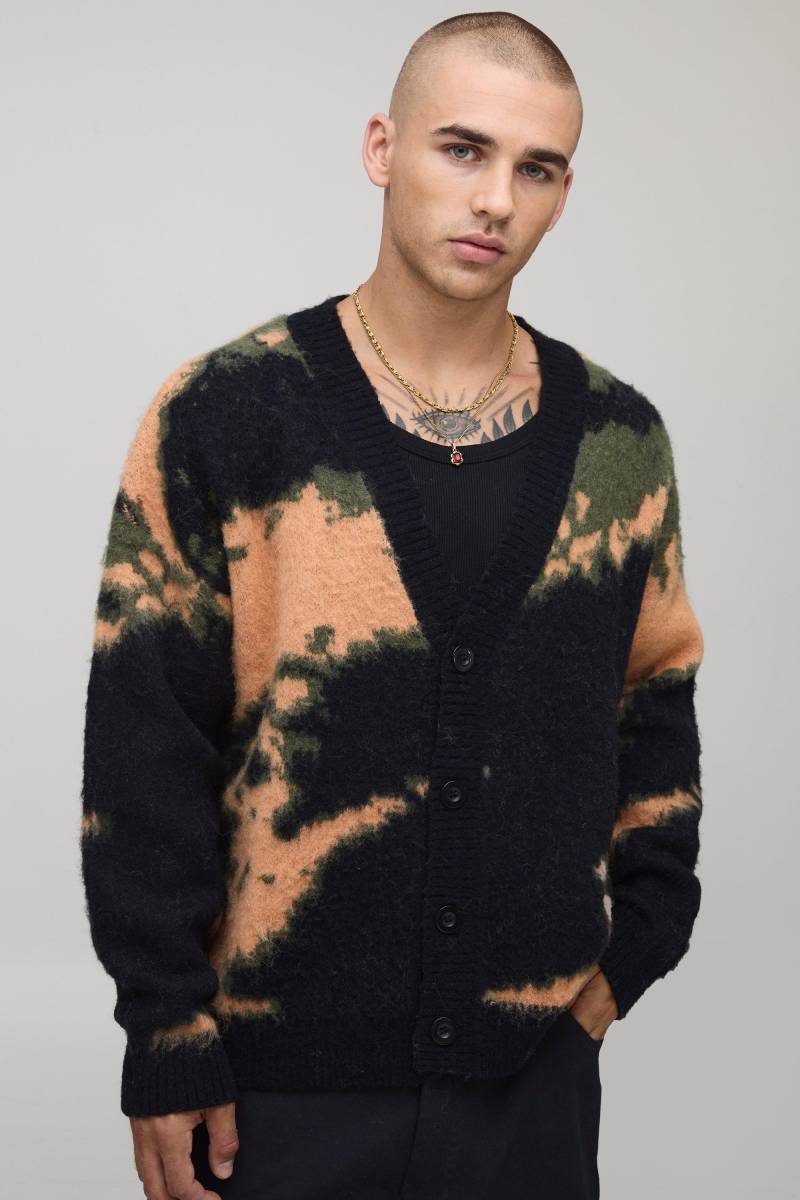 Man Oversized Boxy Camo Jacquard Brushed Knitted Cardigan - Multi - S, Multi von boohoo