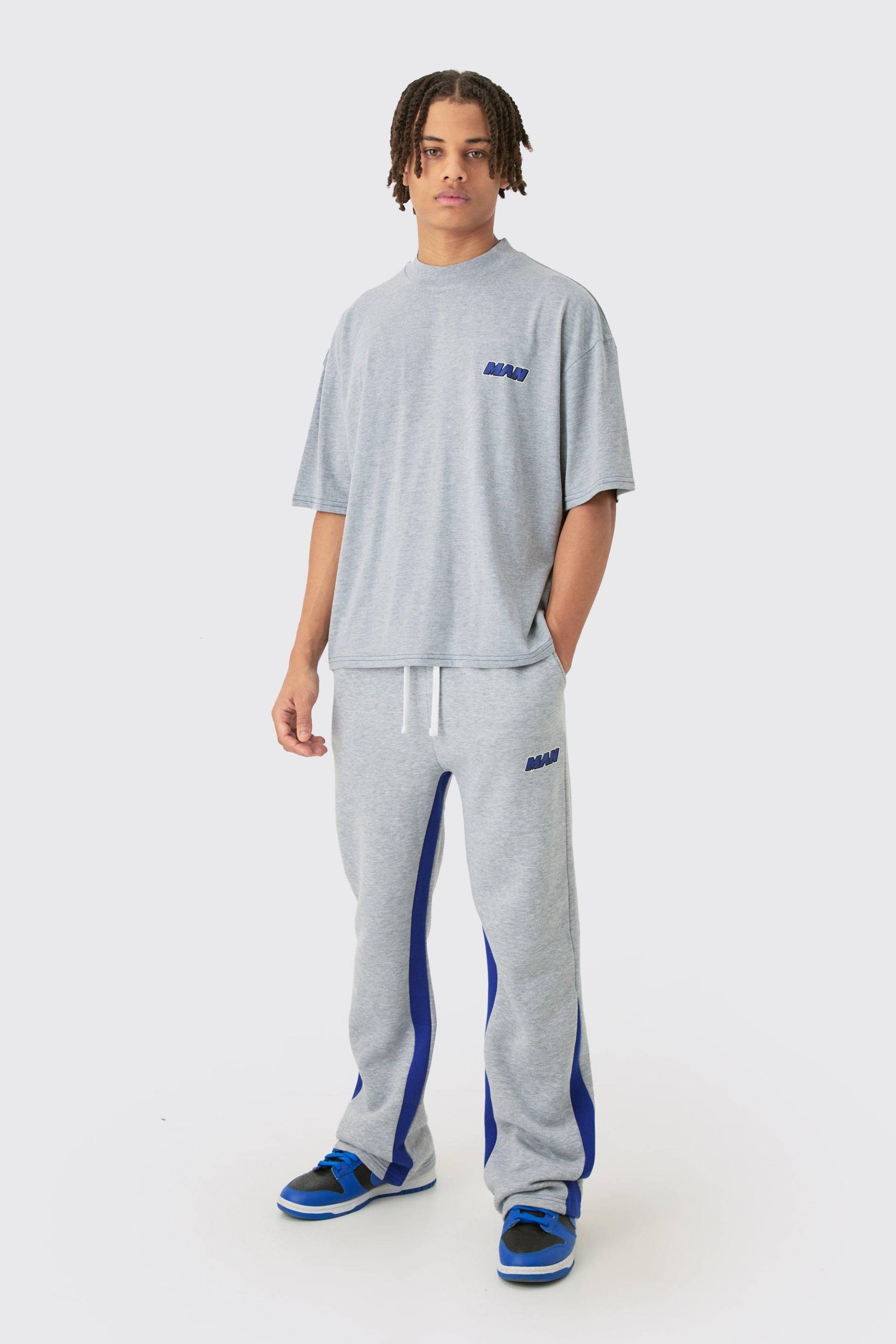 Man Oversized Boxy Contrast Stitch T-Shirt Gusset Jogger Set - Grey Marl - M, Grey Marl von boohoo