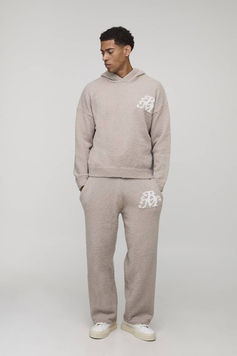 Man Oversized Boxy Hooded Boucle Knitted Tracksuit - Taupe - M, Taupe von boohoo
