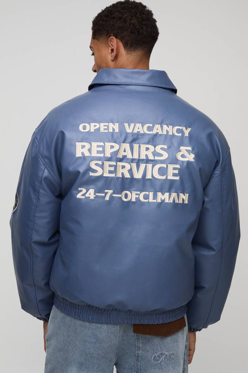 Man Oversized Fit Badge Applique Collared Bomber Jacket - Blue - M, Blue von boohoo