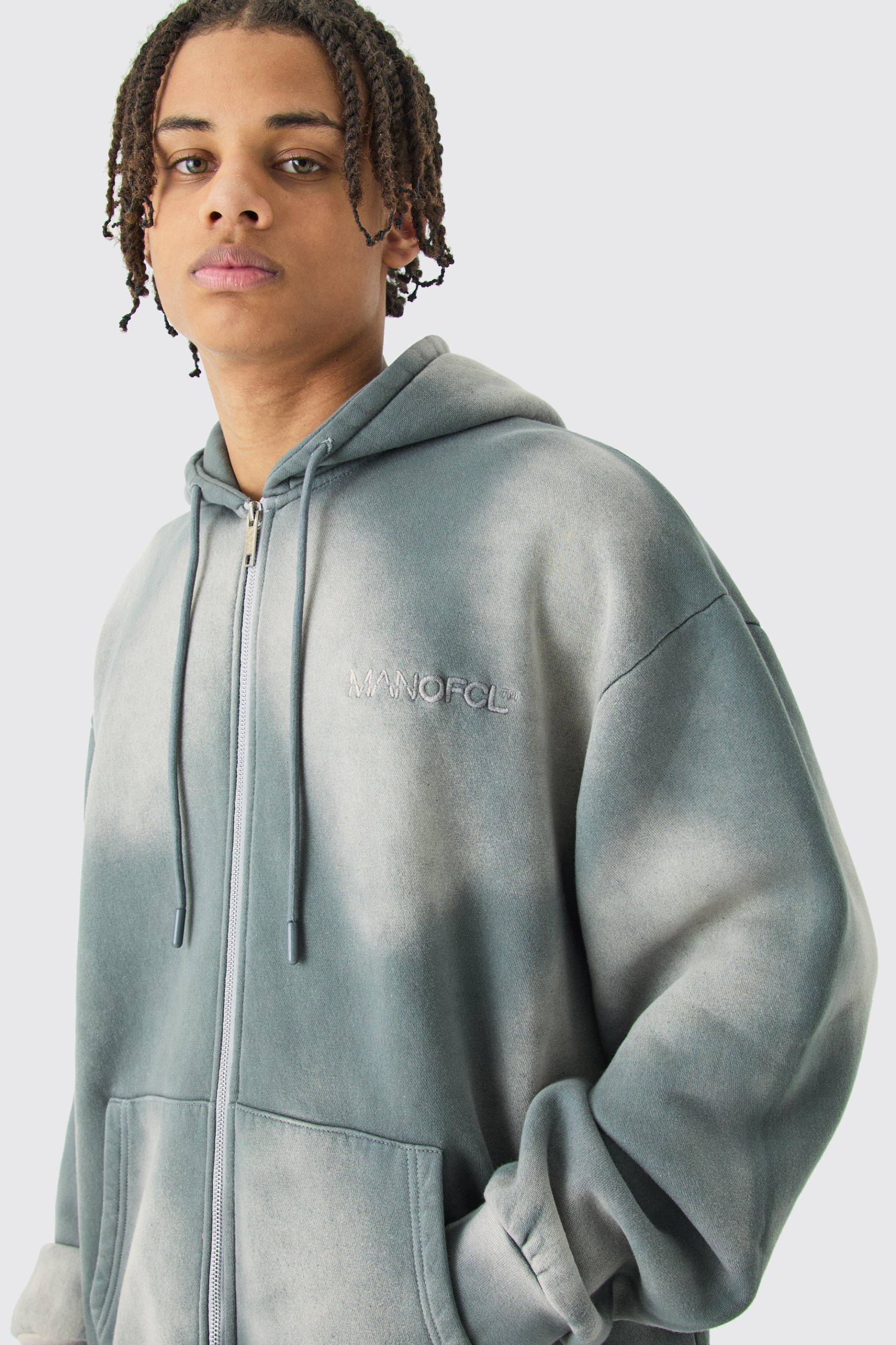 Man Oversized Sun Bleach Washed Zip Through Hoodie - Grey - M, Grey von boohoo