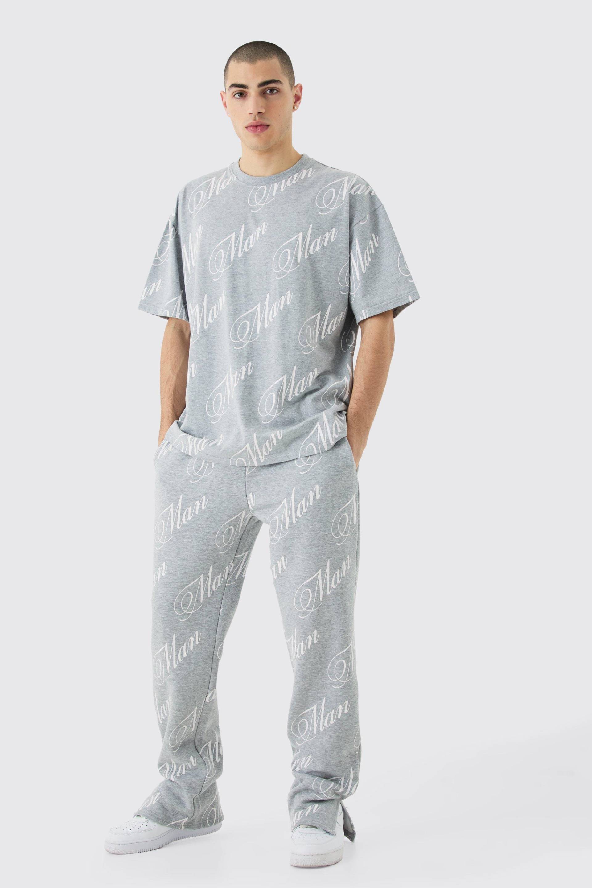Man T-Shirt Mit Geteiltem Saum & Jogginghose - Grey Marl - M, Grey Marl von boohoo